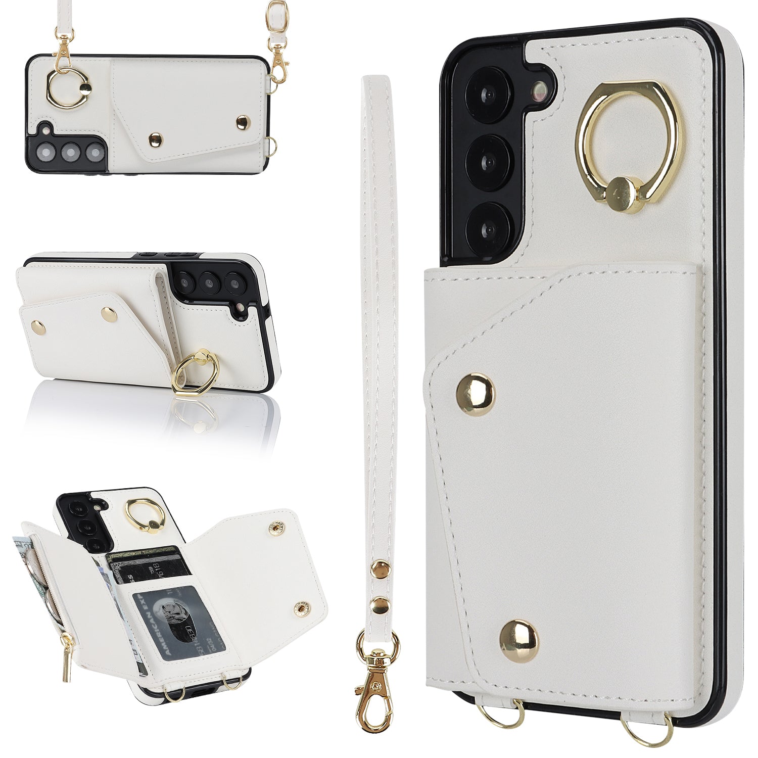 For Samsung Galaxy S22 5G Zipper Wallet Phone Cover Rotary Ring Kickstand PU Leather Coated TPU Case