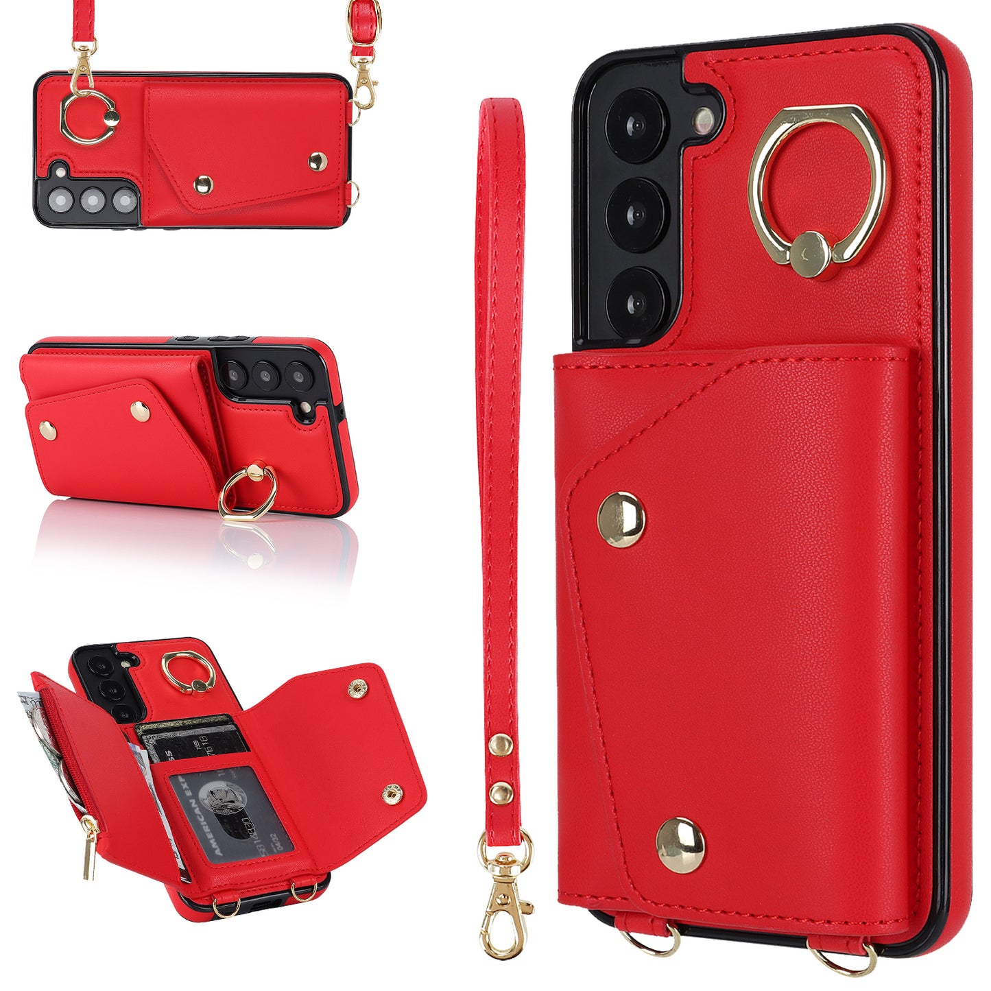 For Samsung Galaxy S22 5G Zipper Wallet Phone Cover Rotary Ring Kickstand PU Leather Coated TPU Case
