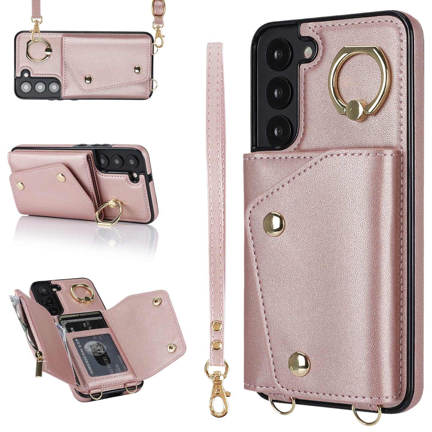 For Samsung Galaxy S22 5G Zipper Wallet Phone Cover Rotary Ring Kickstand PU Leather Coated TPU Case
