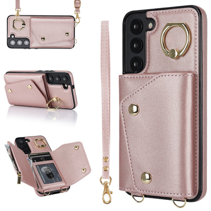 For Samsung Galaxy S22 5G Zipper Wallet Phone Cover Rotary Ring Kickstand PU Leather Coated TPU Case