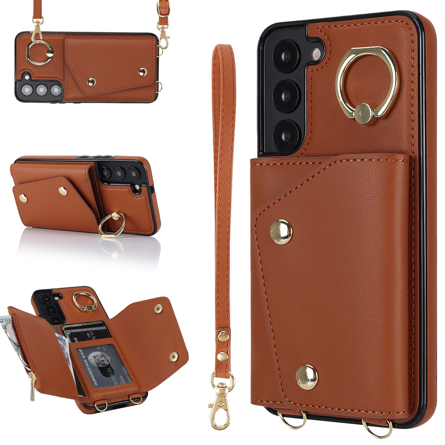 For Samsung Galaxy S22 5G Zipper Wallet Phone Cover Rotary Ring Kickstand PU Leather Coated TPU Case
