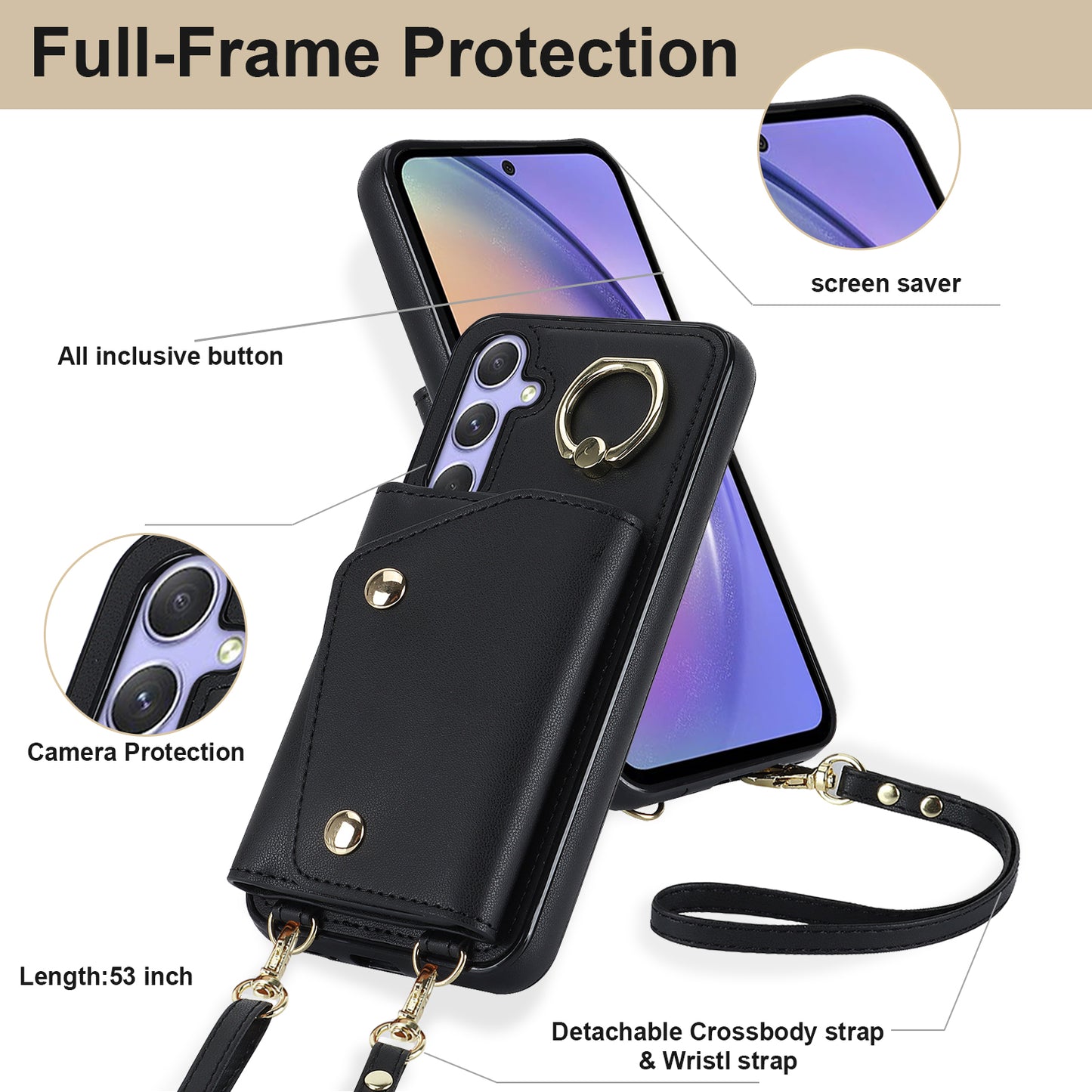 For Samsung Galaxy A54 5G Zipper Wallet Leather Coated TPU Case Rotary Ring Kickstand Phone Cover