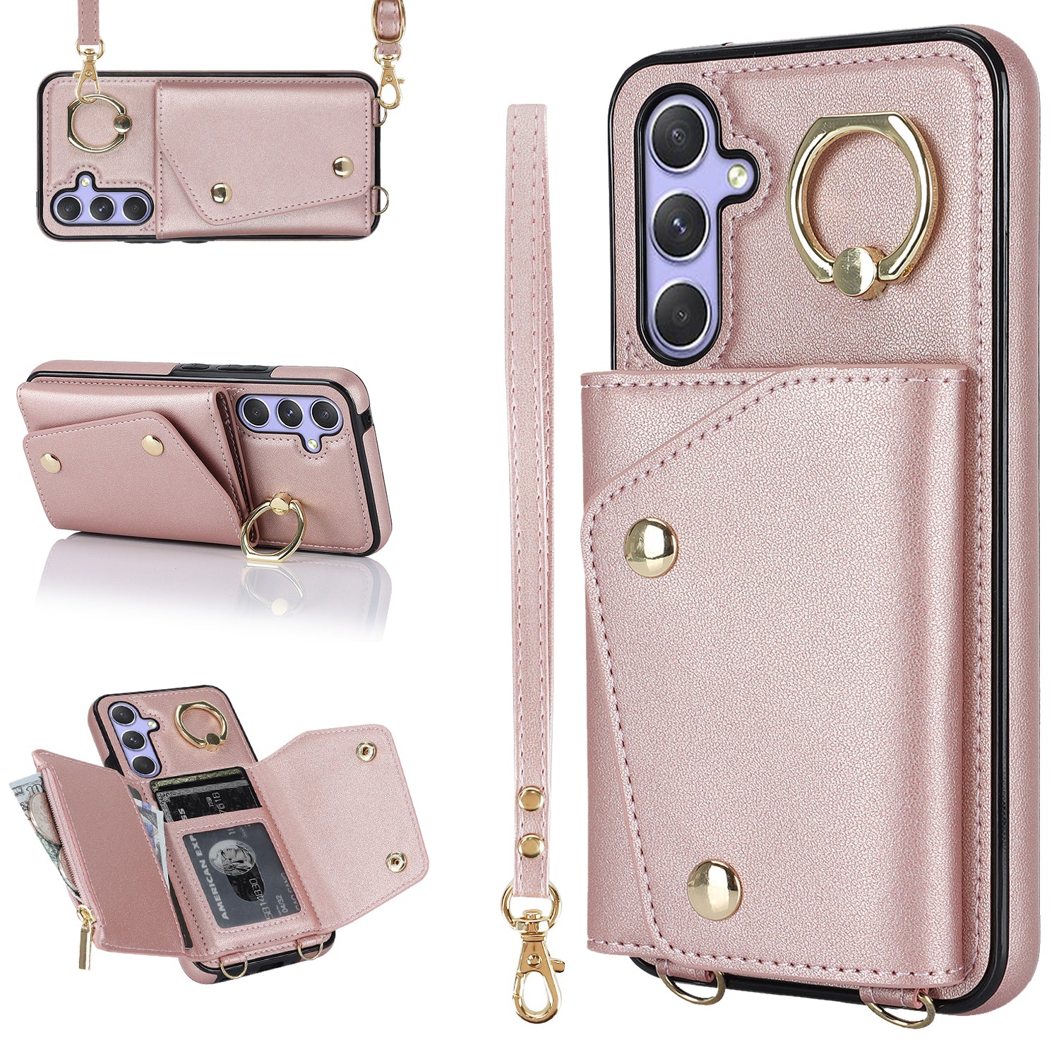 For Samsung Galaxy A54 5G Zipper Wallet Leather Coated TPU Case Rotary Ring Kickstand Phone Cover