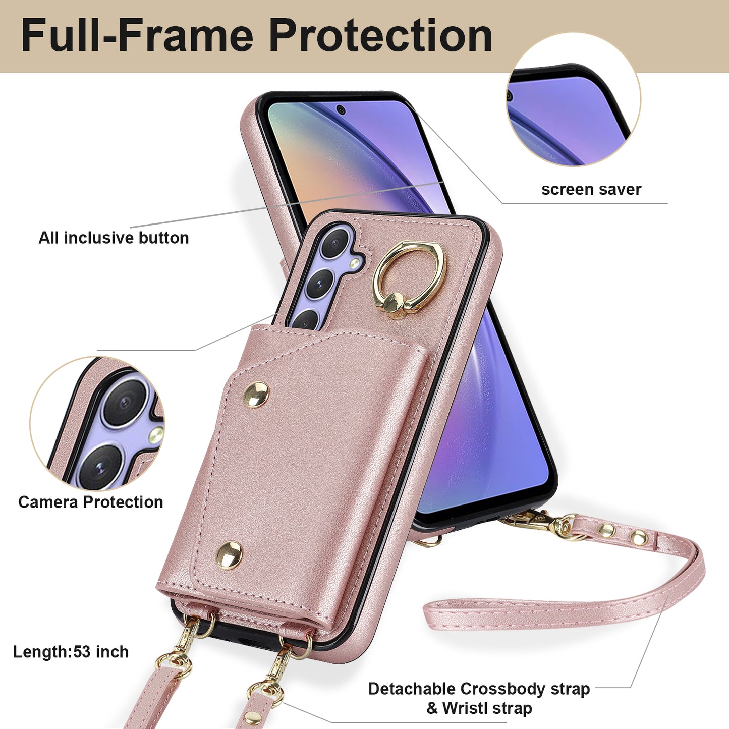 For Samsung Galaxy A54 5G Zipper Wallet Leather Coated TPU Case Rotary Ring Kickstand Phone Cover