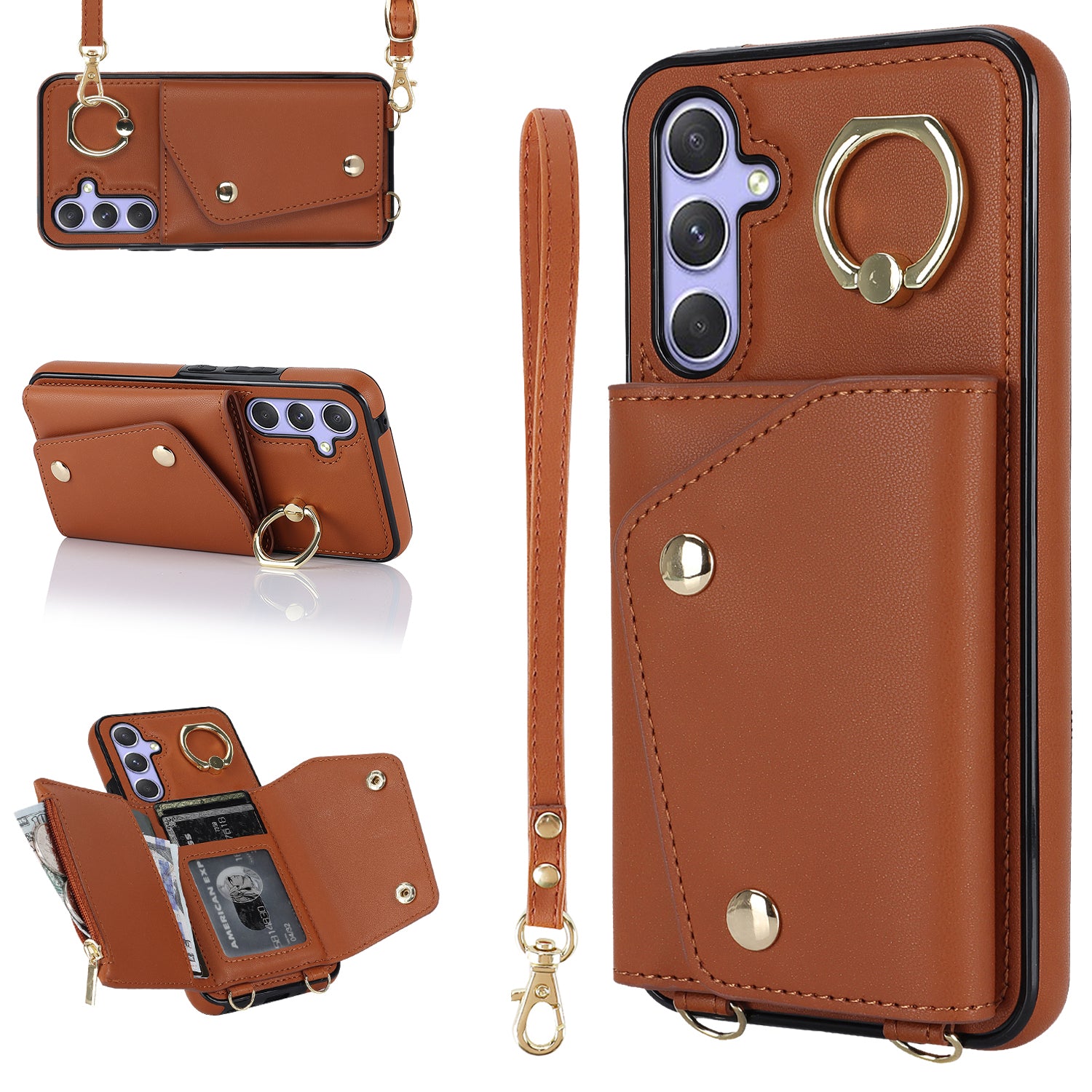For Samsung Galaxy A54 5G Zipper Wallet Leather Coated TPU Case Rotary Ring Kickstand Phone Cover