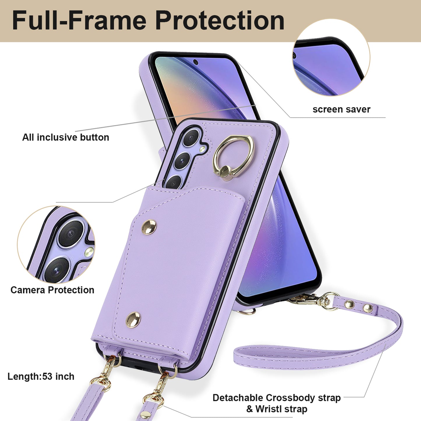 For Samsung Galaxy A54 5G Zipper Wallet Leather Coated TPU Case Rotary Ring Kickstand Phone Cover