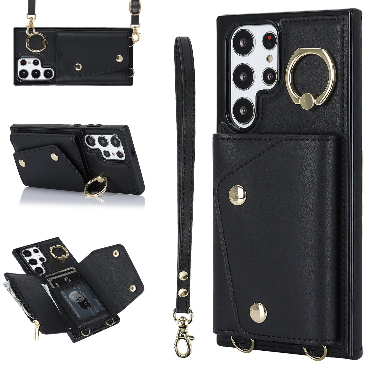 Zipper Wallet Phone Case for Samsung Galaxy S22 Ultra 5G PU Leather Coated TPU Cover with Ring Kickstand