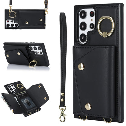 Zipper Wallet Phone Case for Samsung Galaxy S22 Ultra 5G PU Leather Coated TPU Cover with Ring Kickstand