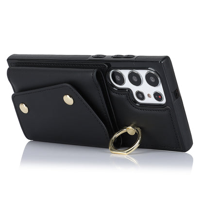 Zipper Wallet Phone Case for Samsung Galaxy S22 Ultra 5G PU Leather Coated TPU Cover with Ring Kickstand