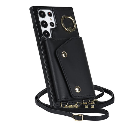 Zipper Wallet Phone Case for Samsung Galaxy S22 Ultra 5G PU Leather Coated TPU Cover with Ring Kickstand