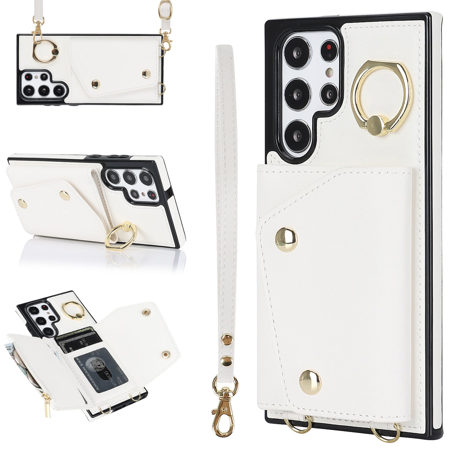 Zipper Wallet Phone Case for Samsung Galaxy S22 Ultra 5G PU Leather Coated TPU Cover with Ring Kickstand