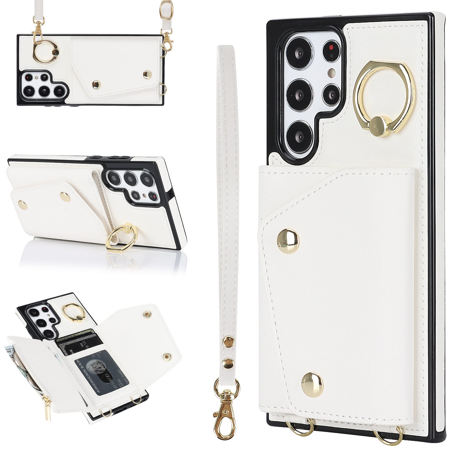 Zipper Wallet Phone Case for Samsung Galaxy S22 Ultra 5G PU Leather Coated TPU Cover with Ring Kickstand