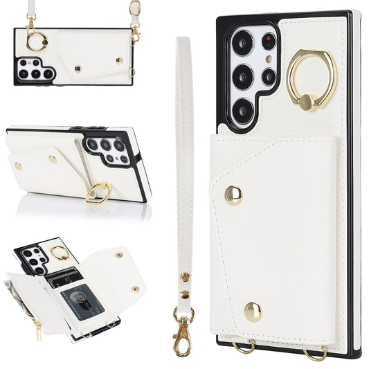 Zipper Wallet Phone Case for Samsung Galaxy S22 Ultra 5G PU Leather Coated TPU Cover with Ring Kickstand