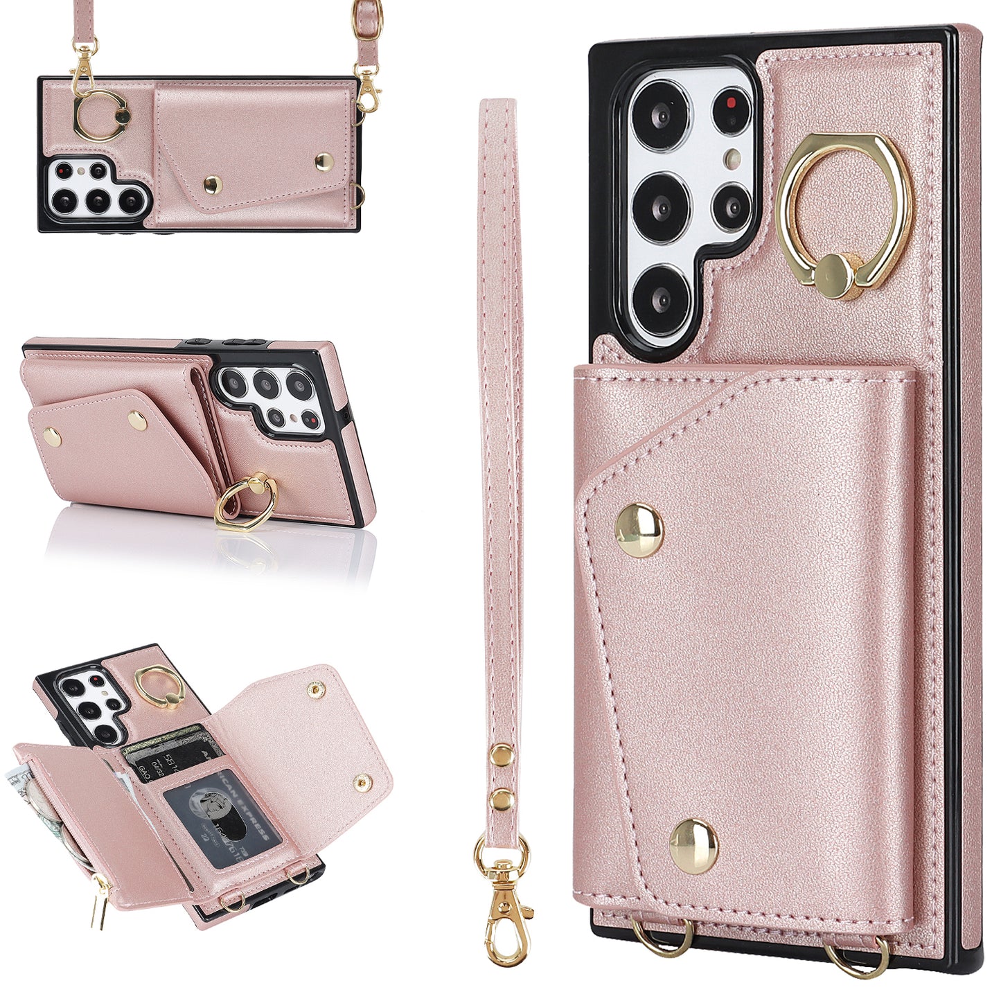 Zipper Wallet Phone Case for Samsung Galaxy S22 Ultra 5G PU Leather Coated TPU Cover with Ring Kickstand