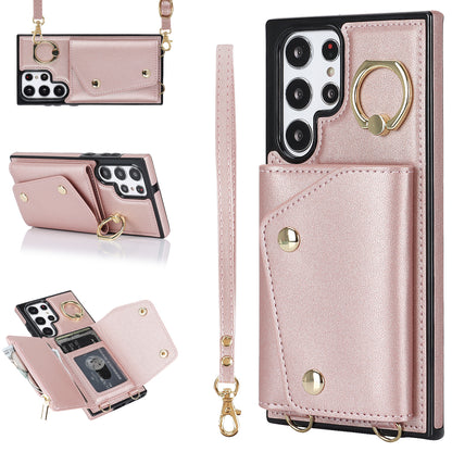 Zipper Wallet Phone Case for Samsung Galaxy S22 Ultra 5G PU Leather Coated TPU Cover with Ring Kickstand