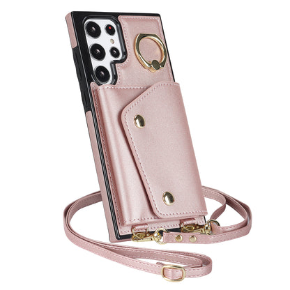 Zipper Wallet Phone Case for Samsung Galaxy S22 Ultra 5G PU Leather Coated TPU Cover with Ring Kickstand