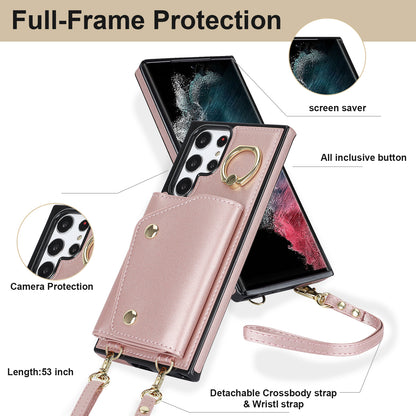 Zipper Wallet Phone Case for Samsung Galaxy S22 Ultra 5G PU Leather Coated TPU Cover with Ring Kickstand