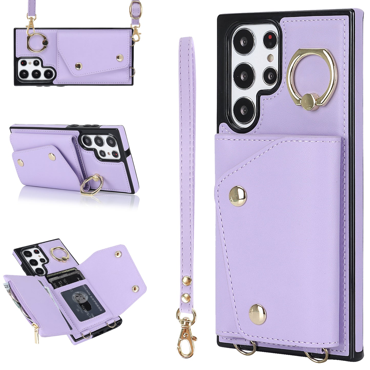 Zipper Wallet Phone Case for Samsung Galaxy S22 Ultra 5G PU Leather Coated TPU Cover with Ring Kickstand