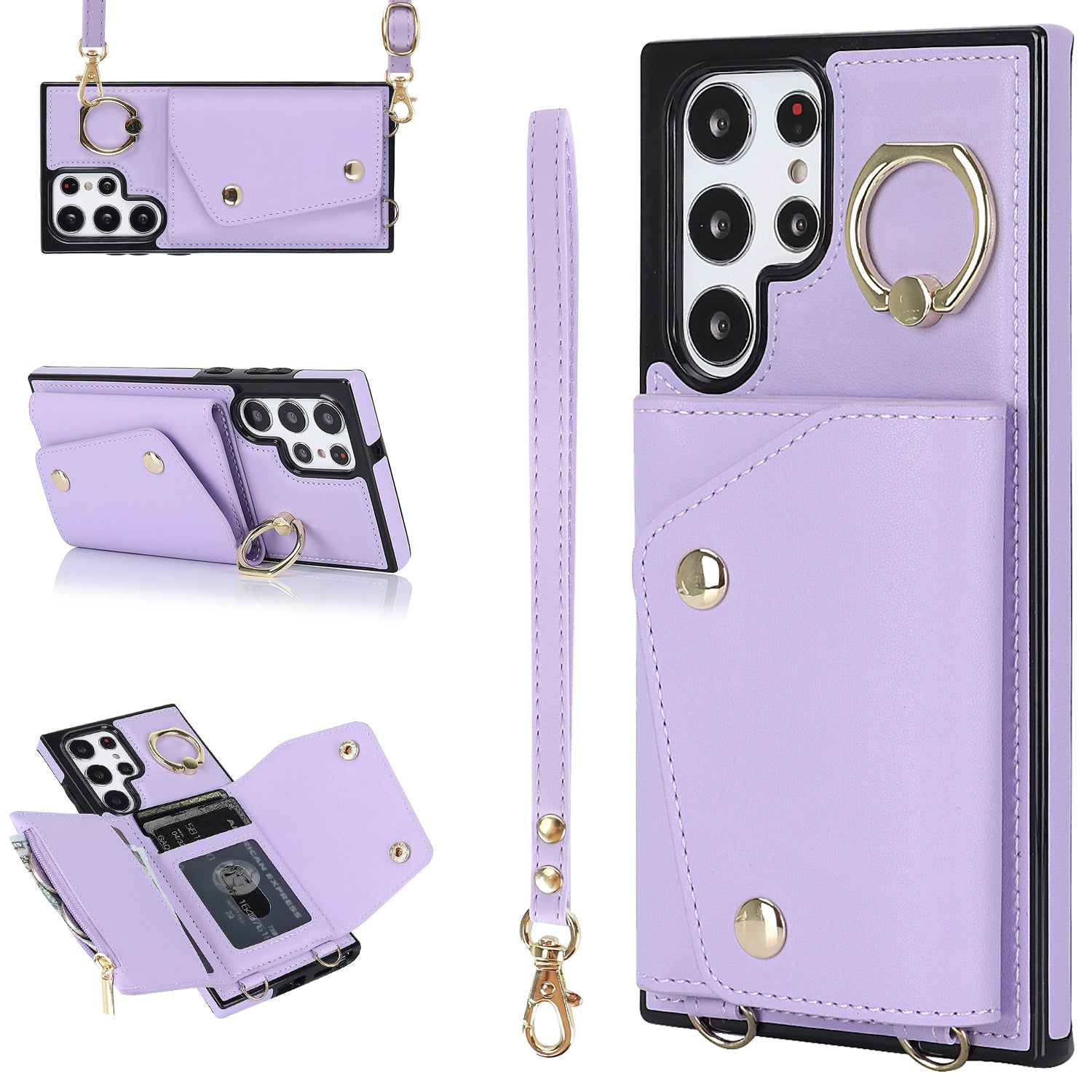 Zipper Wallet Phone Case for Samsung Galaxy S22 Ultra 5G PU Leather Coated TPU Cover with Ring Kickstand