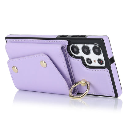 Zipper Wallet Phone Case for Samsung Galaxy S22 Ultra 5G PU Leather Coated TPU Cover with Ring Kickstand