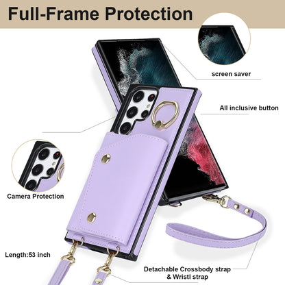 Zipper Wallet Phone Case for Samsung Galaxy S22 Ultra 5G PU Leather Coated TPU Cover with Ring Kickstand