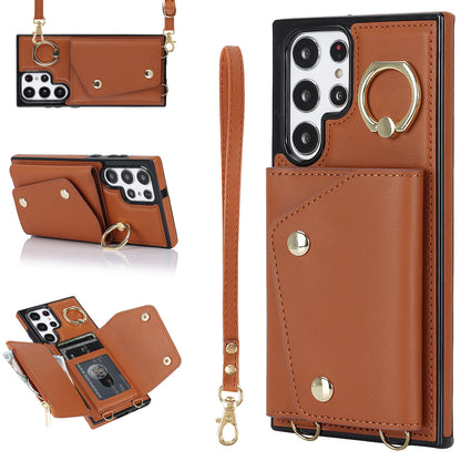 Zipper Wallet Phone Case for Samsung Galaxy S22 Ultra 5G PU Leather Coated TPU Cover with Ring Kickstand