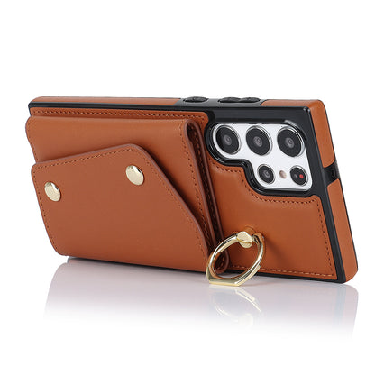Zipper Wallet Phone Case for Samsung Galaxy S22 Ultra 5G PU Leather Coated TPU Cover with Ring Kickstand