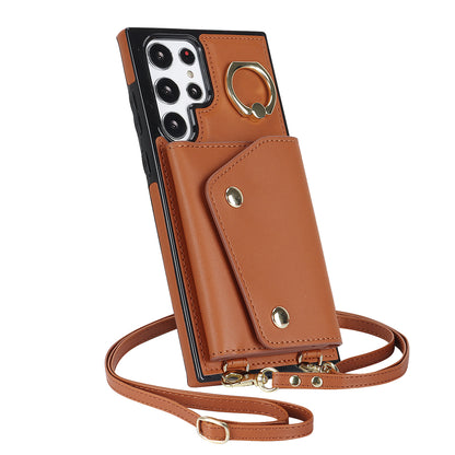 Zipper Wallet Phone Case for Samsung Galaxy S22 Ultra 5G PU Leather Coated TPU Cover with Ring Kickstand