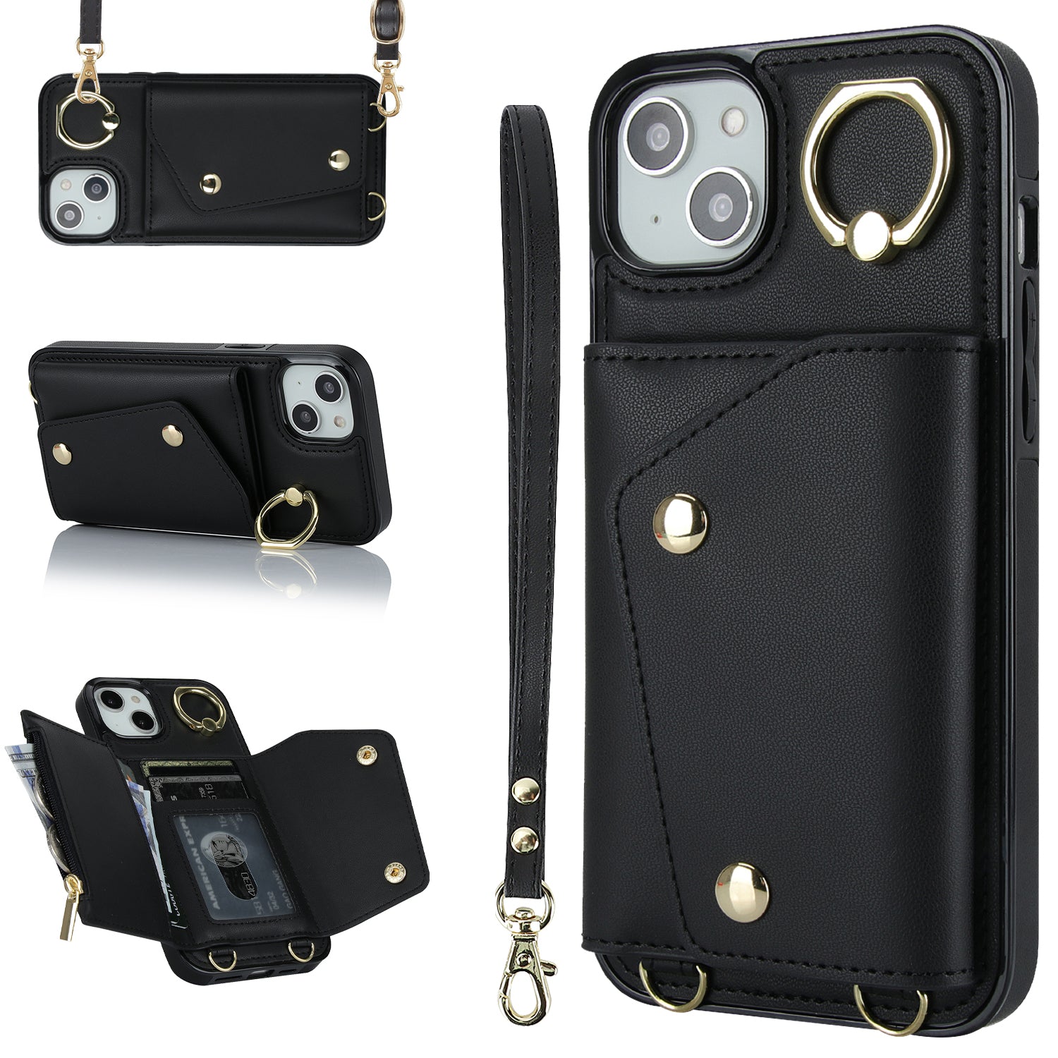 For iPhone 12 mini Leather Coated TPU Phone Kickstand Case Zipper Wallet Crossbody Phone Cover