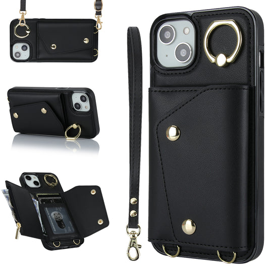 For iPhone 12 mini Leather Coated TPU Phone Kickstand Case Zipper Wallet Crossbody Phone Cover