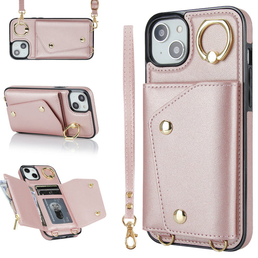 For iPhone 12 mini Leather Coated TPU Phone Kickstand Case Zipper Wallet Crossbody Phone Cover