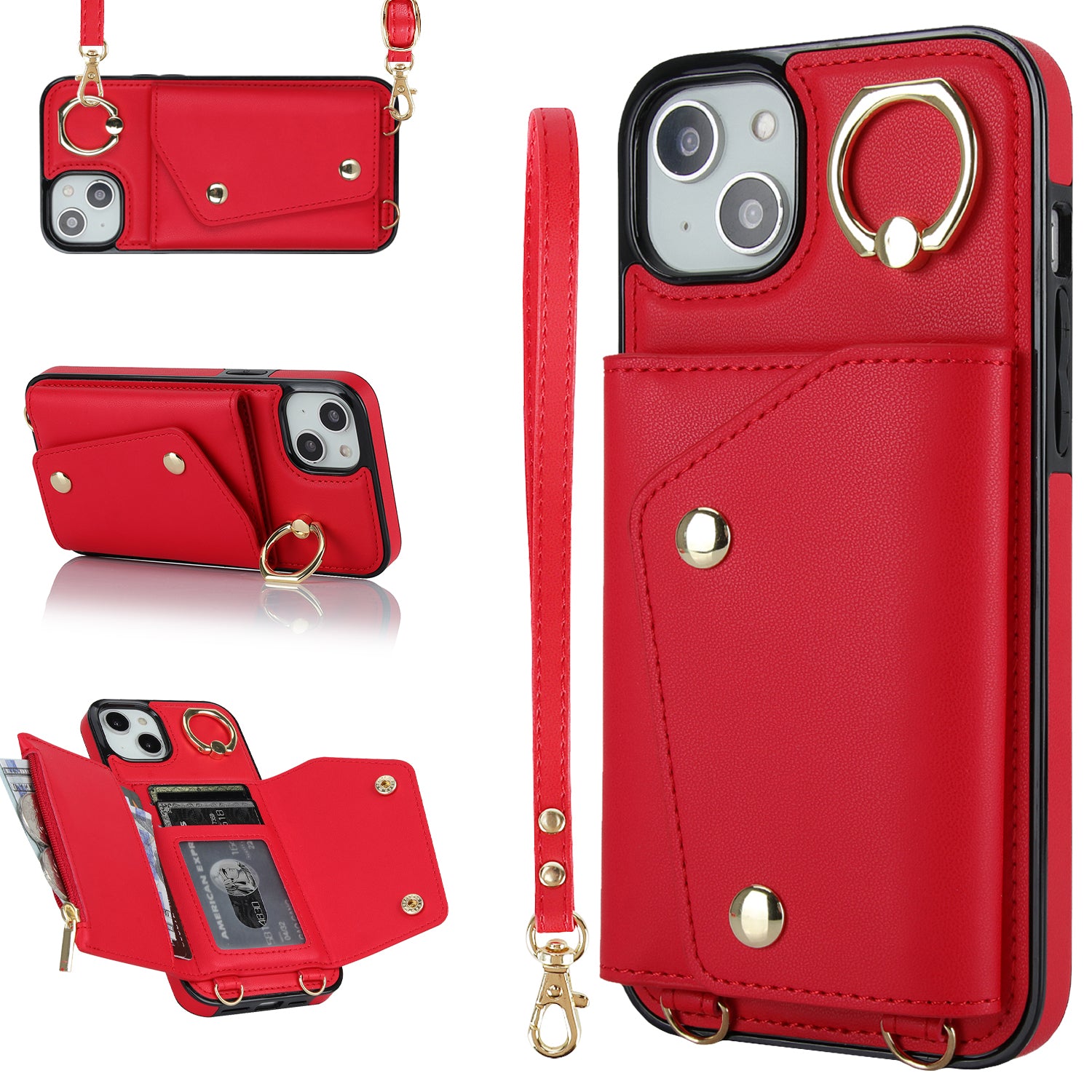 For iPhone 12 mini Leather Coated TPU Phone Kickstand Case Zipper Wallet Crossbody Phone Cover