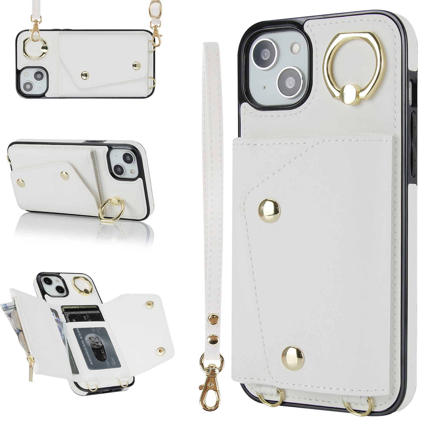 For iPhone 12 mini Leather Coated TPU Phone Kickstand Case Zipper Wallet Crossbody Phone Cover