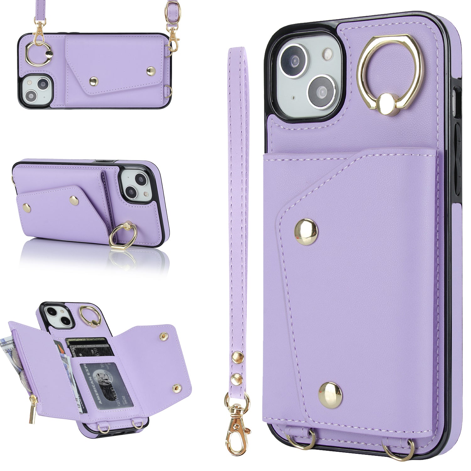 For iPhone 12 mini Leather Coated TPU Phone Kickstand Case Zipper Wallet Crossbody Phone Cover
