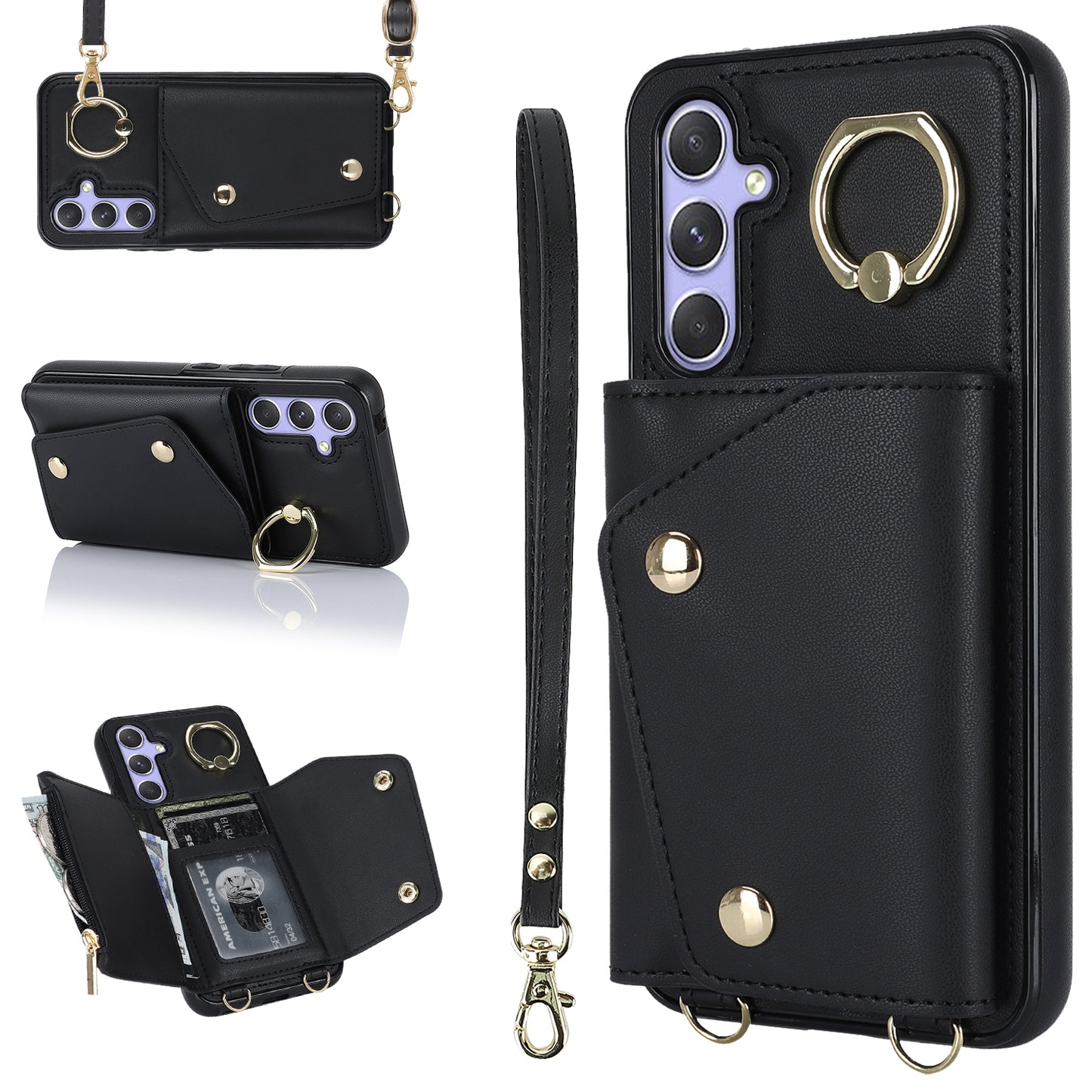 Phone Case for Samsung Galaxy A14 5G PU Leather Coated TPU Cover with Zipper Wallet Kickstand
