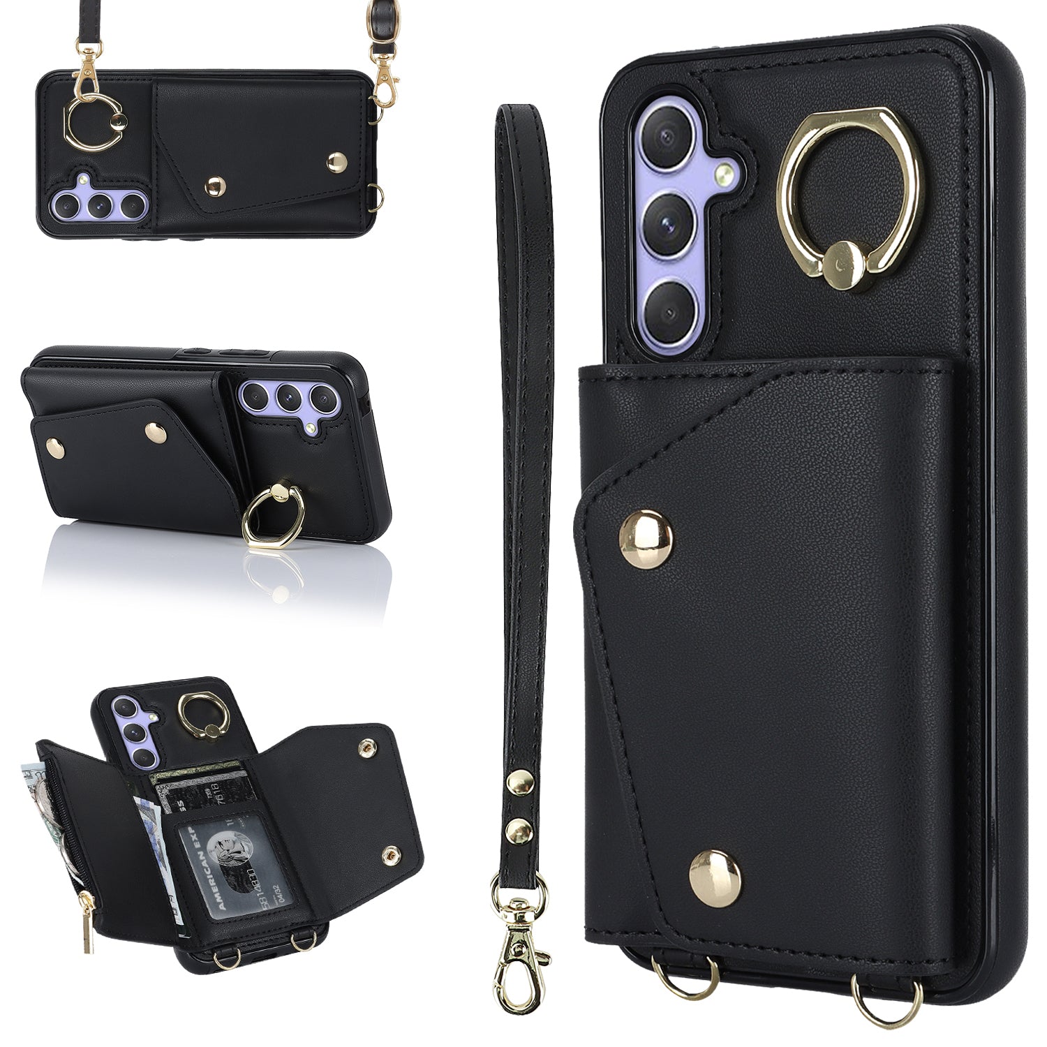 Phone Case for Samsung Galaxy A14 5G PU Leather Coated TPU Cover with Zipper Wallet Kickstand