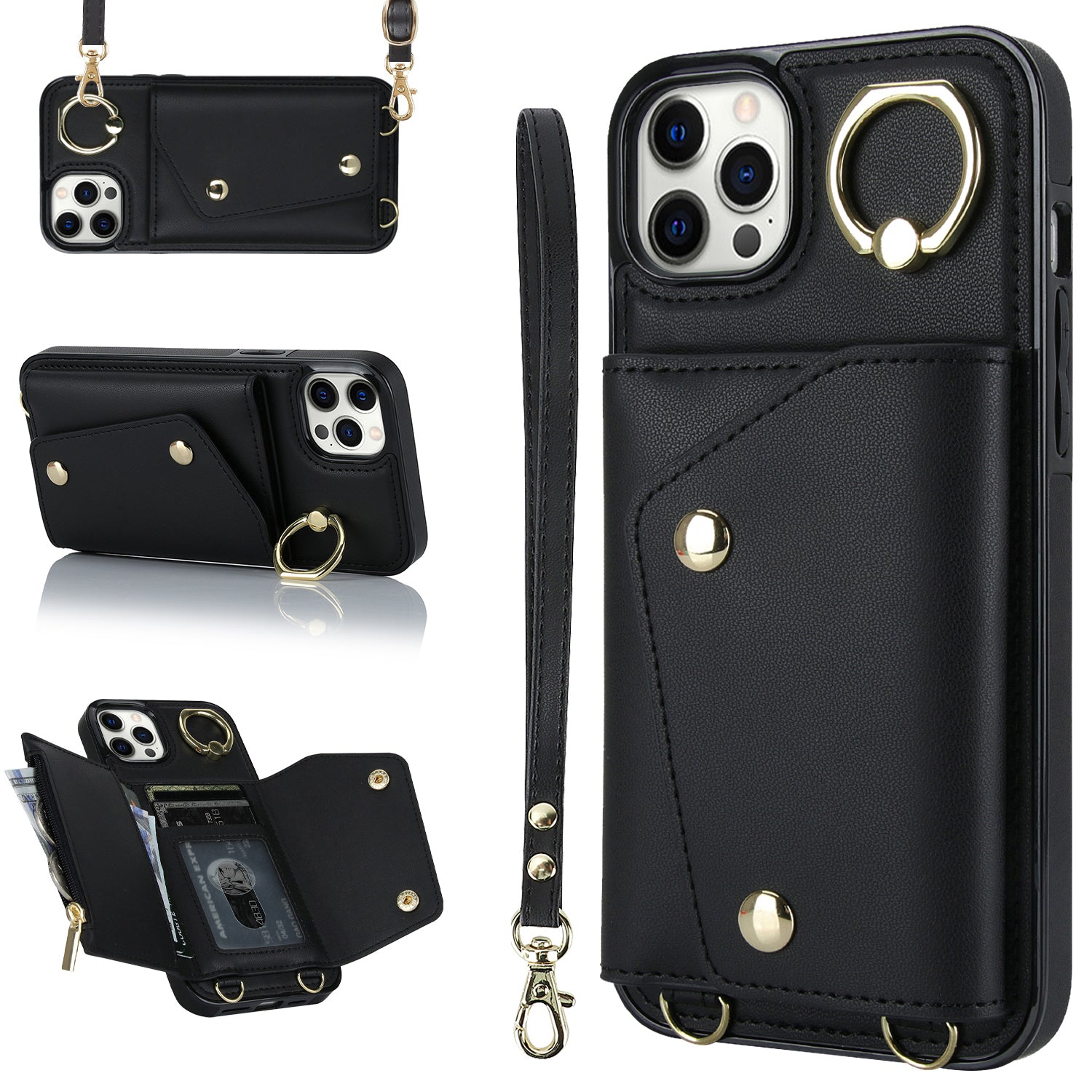 Crossbody Phone Case for iPhone 12 Pro Max Ring Kickstand Zipper Wallet PU Leather Coated TPU Cover