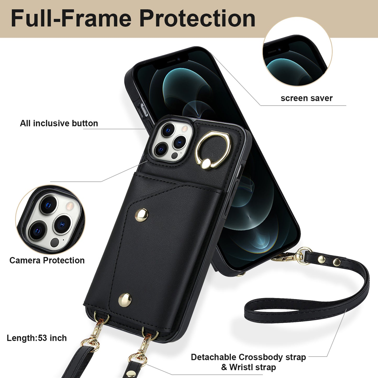 Crossbody Phone Case for iPhone 12 Pro Max Ring Kickstand Zipper Wallet PU Leather Coated TPU Cover