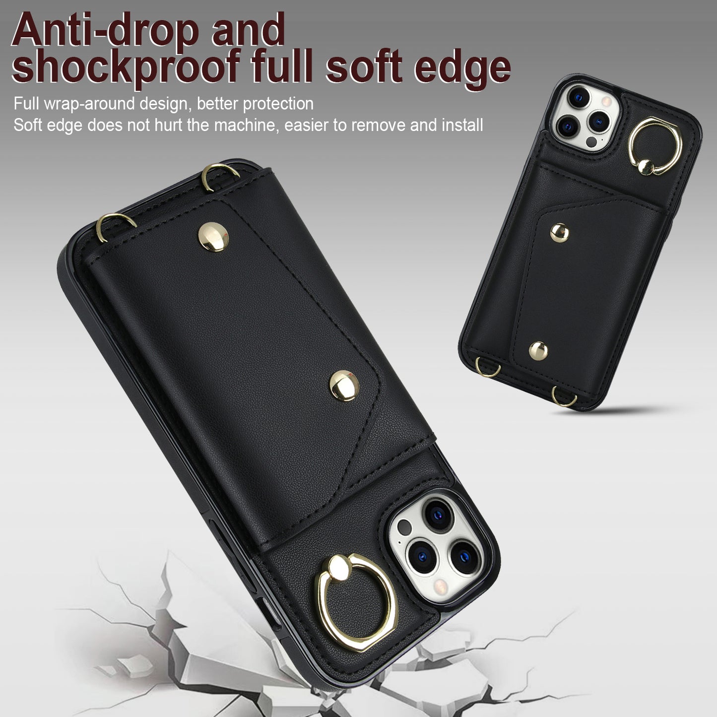 Crossbody Phone Case for iPhone 12 Pro Max Ring Kickstand Zipper Wallet PU Leather Coated TPU Cover