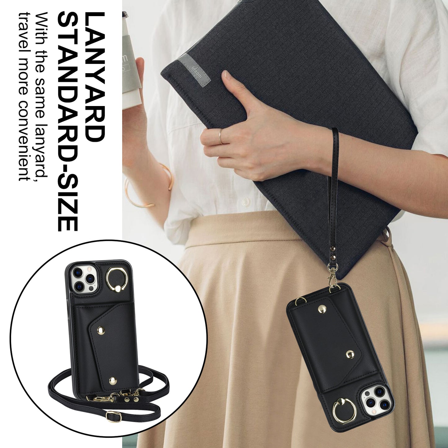 Crossbody Phone Case for iPhone 12 Pro Max Ring Kickstand Zipper Wallet PU Leather Coated TPU Cover