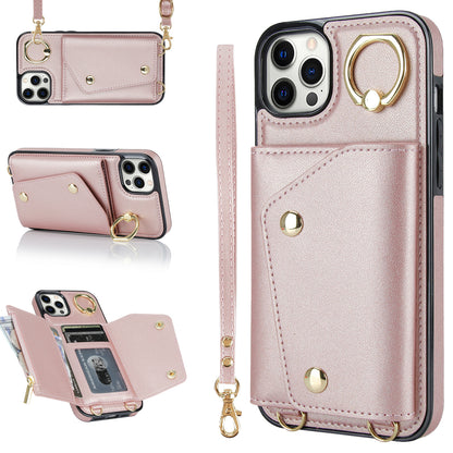 Crossbody Phone Case for iPhone 12 Pro Max Ring Kickstand Zipper Wallet PU Leather Coated TPU Cover