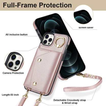 Crossbody Phone Case for iPhone 12 Pro Max Ring Kickstand Zipper Wallet PU Leather Coated TPU Cover