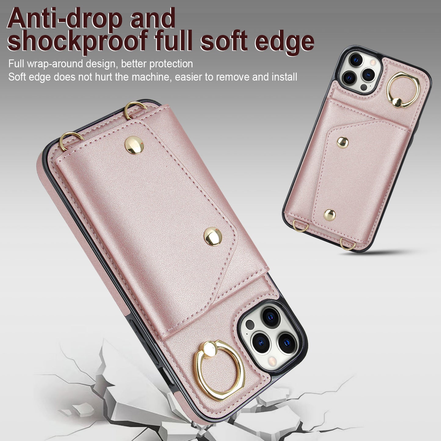 Crossbody Phone Case for iPhone 12 Pro Max Ring Kickstand Zipper Wallet PU Leather Coated TPU Cover