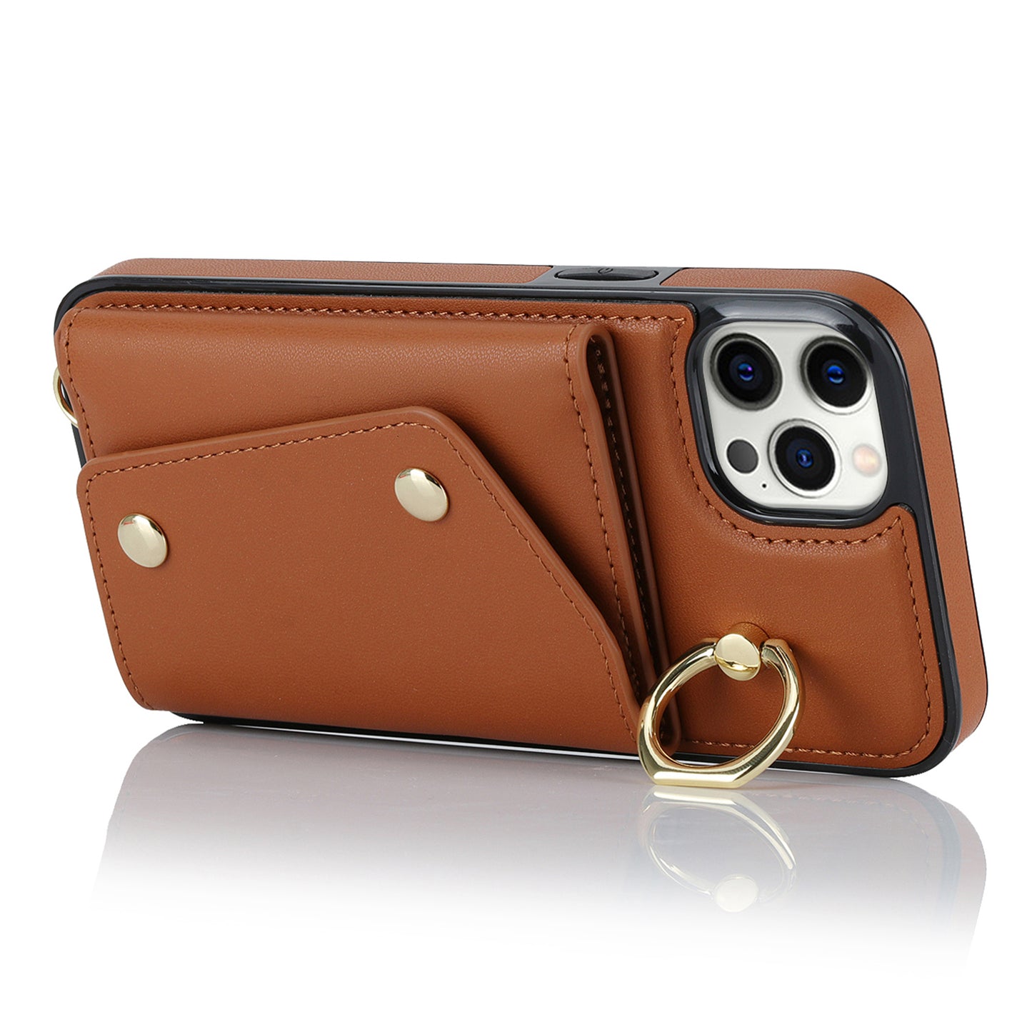 Crossbody Phone Case for iPhone 12 Pro Max Ring Kickstand Zipper Wallet PU Leather Coated TPU Cover