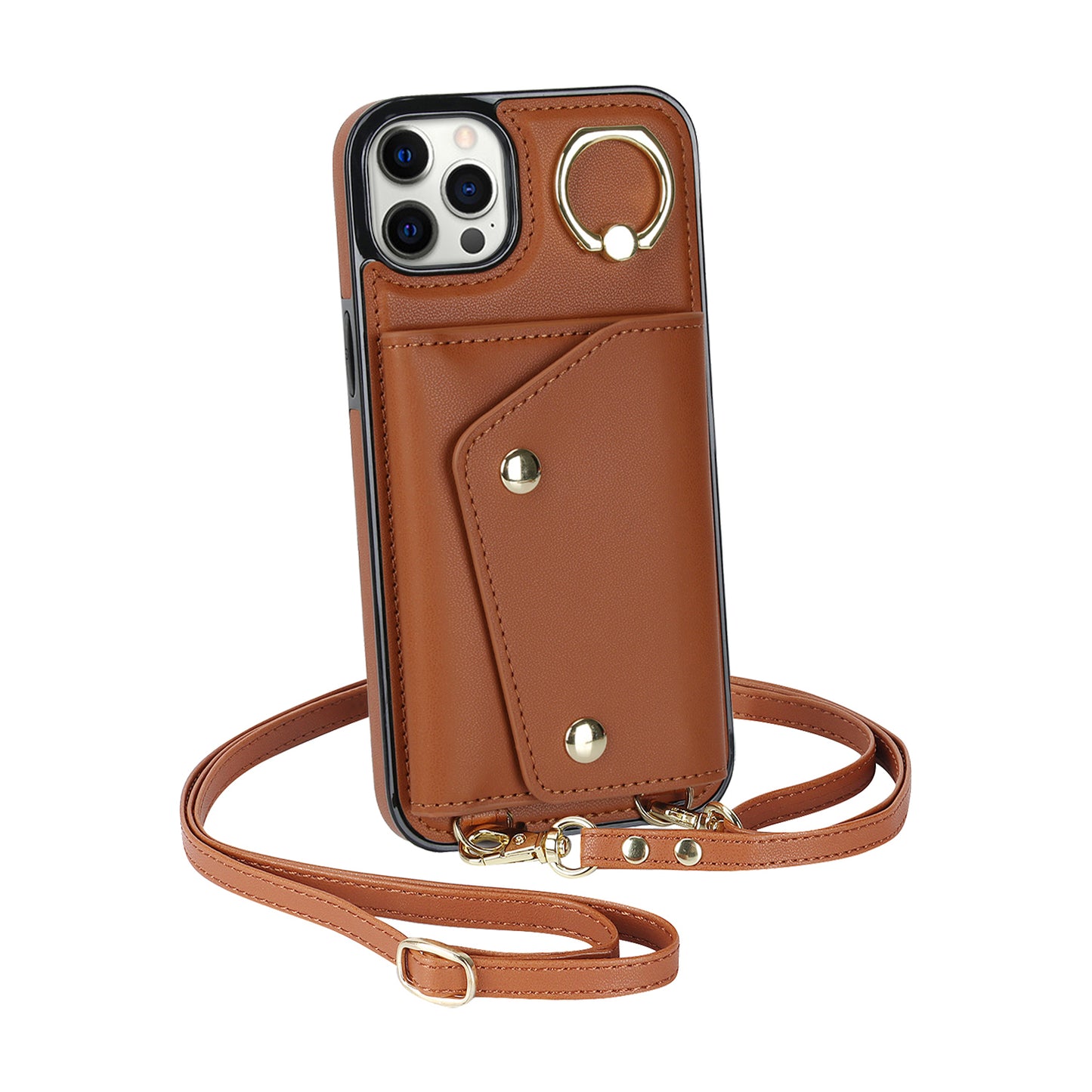 Crossbody Phone Case for iPhone 12 Pro Max Ring Kickstand Zipper Wallet PU Leather Coated TPU Cover