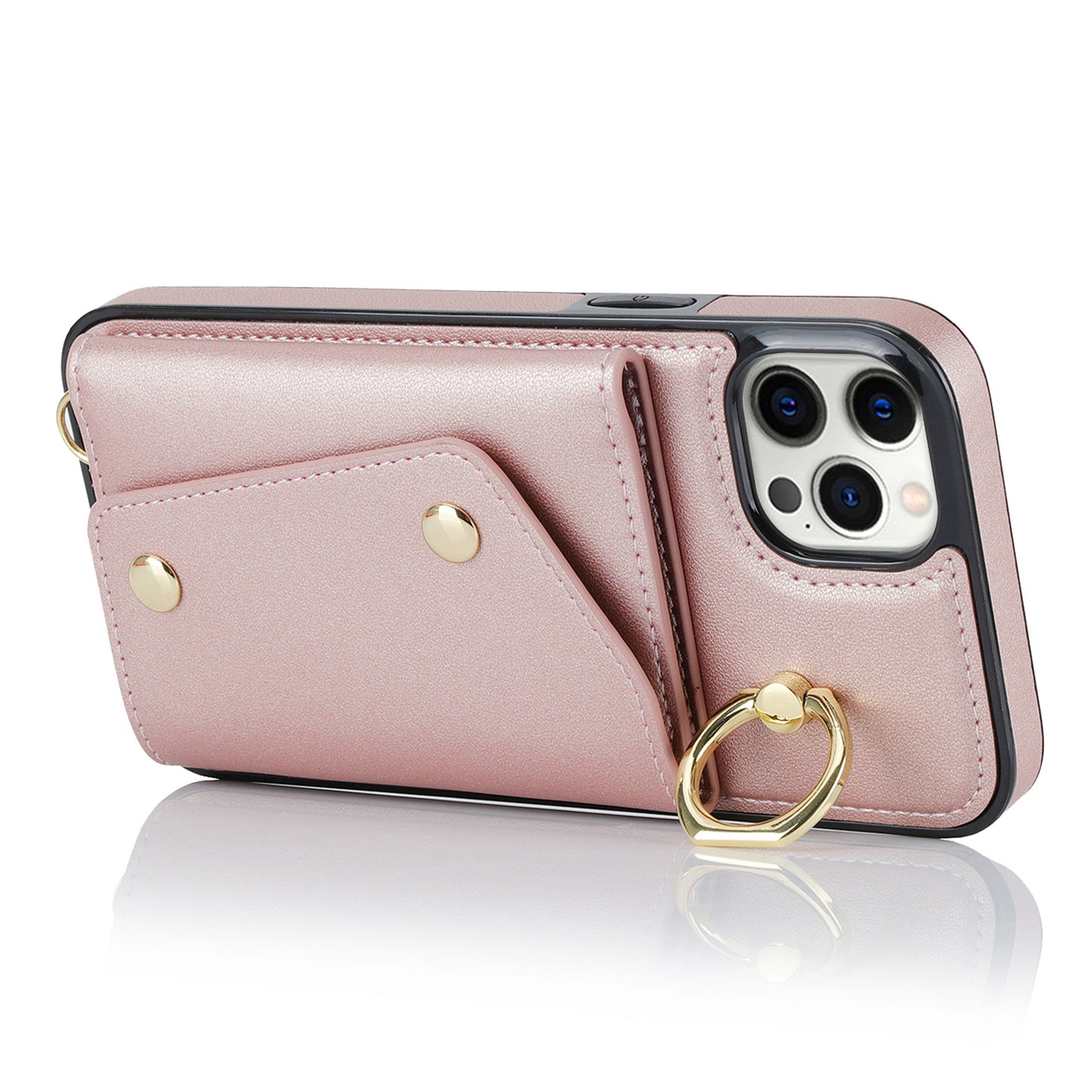 Phone Case with Zipper Wallet for iPhone 12 Pro Ring Kickstand PU Leather Coated TPU Back Cover