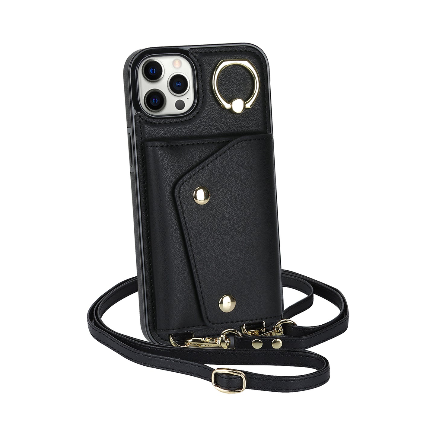 Phone Case with Zipper Wallet for iPhone 12 Pro Ring Kickstand PU Leather Coated TPU Back Cover