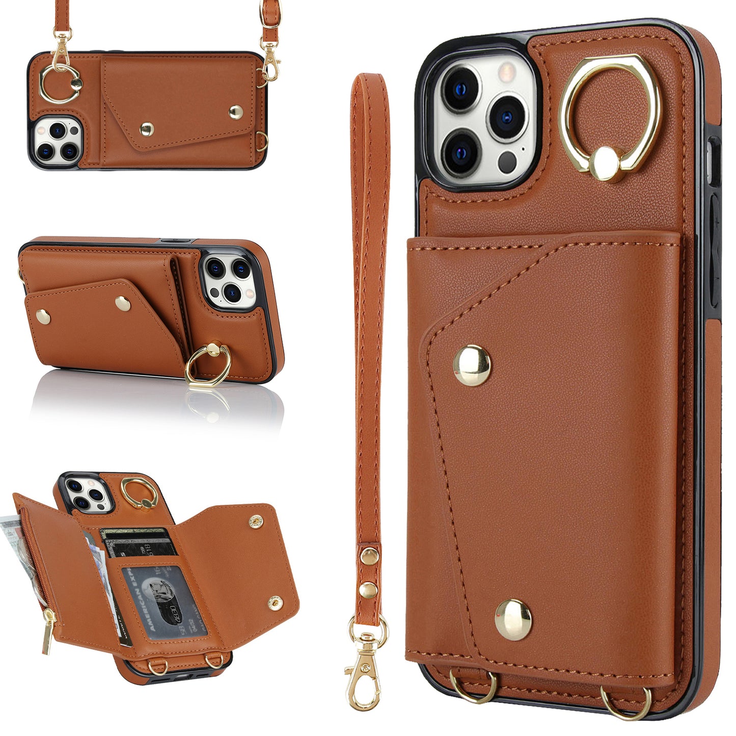 Phone Case with Zipper Wallet for iPhone 12 Pro Ring Kickstand PU Leather Coated TPU Back Cover