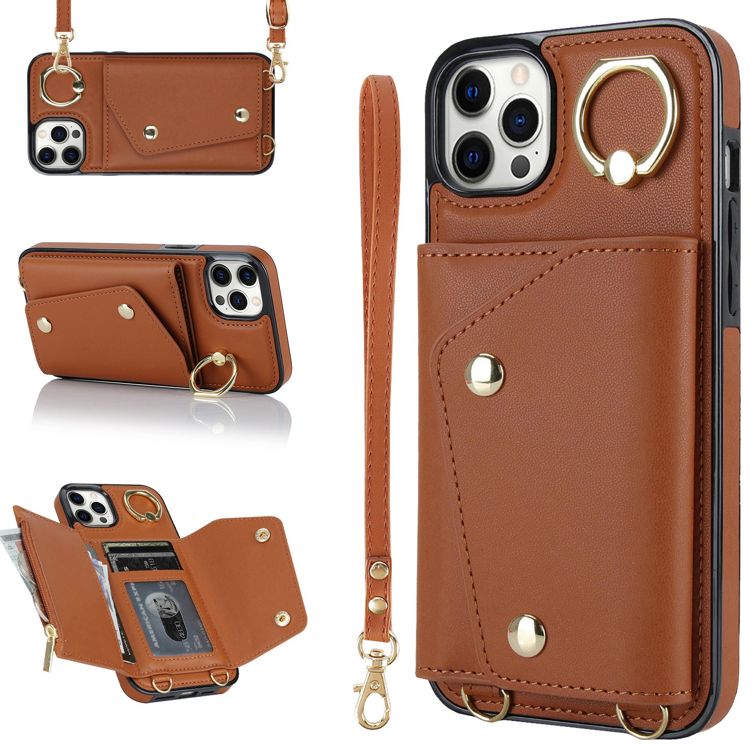 Phone Case with Zipper Wallet for iPhone 12 Pro Ring Kickstand PU Leather Coated TPU Back Cover