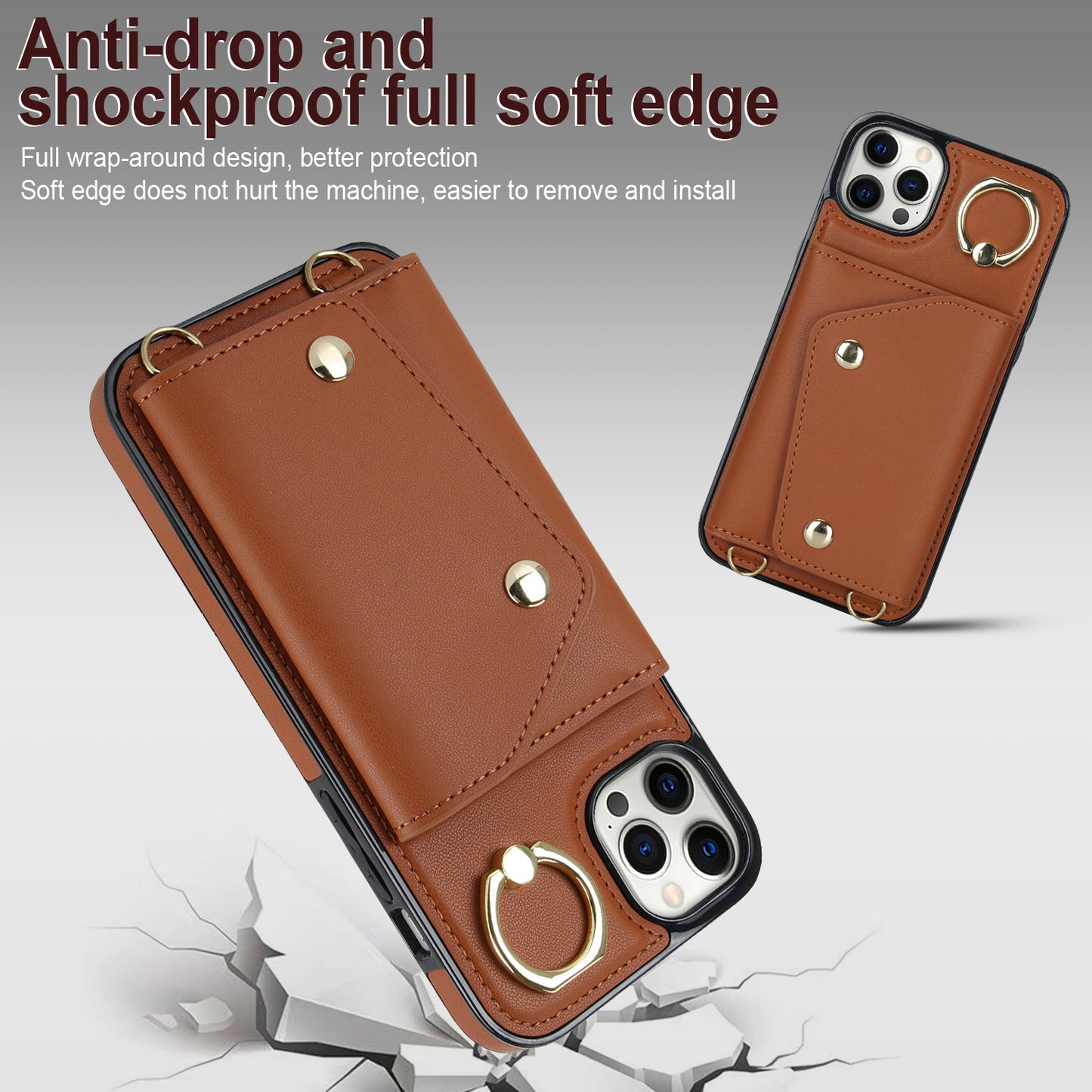 Phone Case with Zipper Wallet for iPhone 12 Pro Ring Kickstand PU Leather Coated TPU Back Cover